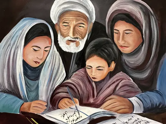 A painted picture of a family working together on books