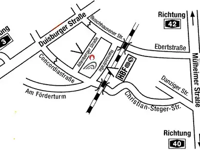 Indicaciones para llegar al punto de encuentro del grupo Terre des Hommes en Oberhausen, en blanco y negro. Mapa que muestra la ruta.