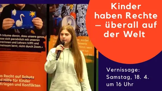 Girl with a microphone. In the background are the exhibition and the event details (location and time)
