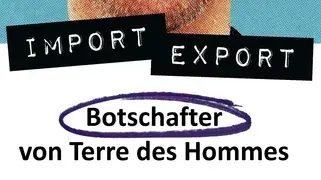 En un marco blanco con Terre des Hommes se encuentra el cartel del espectáculo "Import Export" del humorista Christian Schulte-Loh. Su nombre y el título aparecen en grandes barras negras sobre su retrato, con un fondo de rayas rojas y azules.