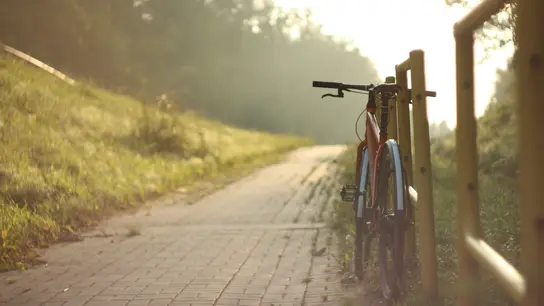 Fahrrad auf einer verlassenen Straße, sonniges Wetter.