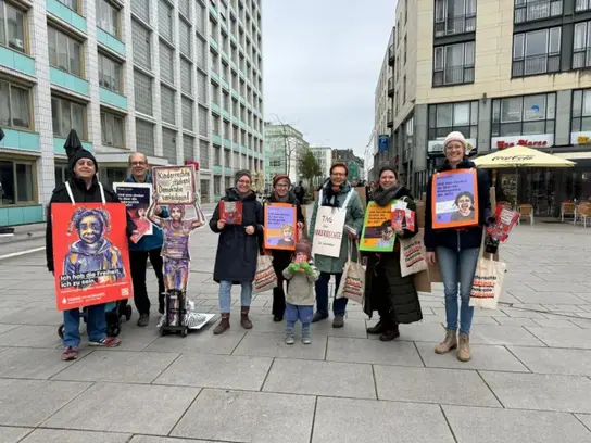 The picture shows the Cologne Terre des Hommes group during an action on the occasion of the Action Day 2024 in the Cologne pedestrian zone