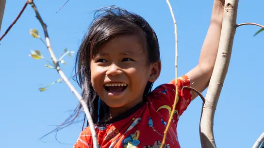 Zwei Kinder sind auf einem Baum und lächeln